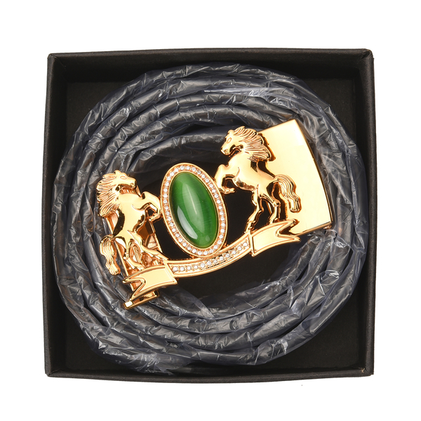 Genuine Leather Mens Belt with White Austrian Crystal and Simulated Green Cat Eye in Gold Tone Buckle (Size:127x4Cm)