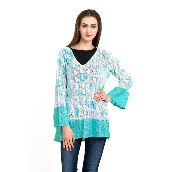 100% Cotton Laser Cut Floral Pattern White and Turquoise Colour Ombre Effects Poncho (Size 70x50 Cm)