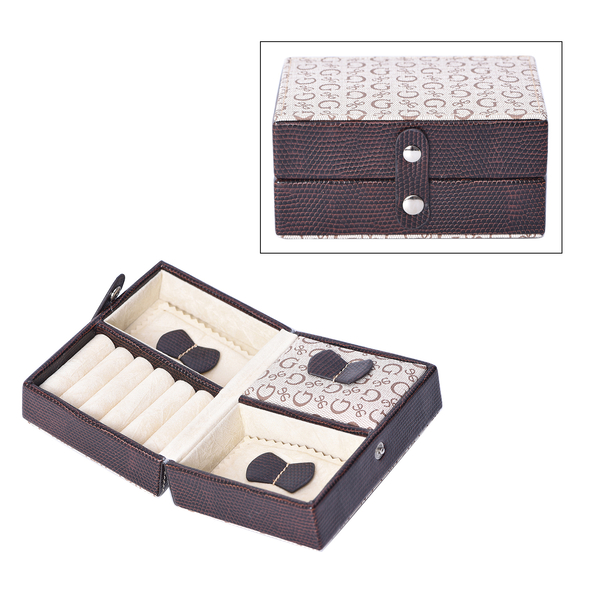 Portable G Pattern Jewellery Box with Button Closure - Grey and Drak Brown