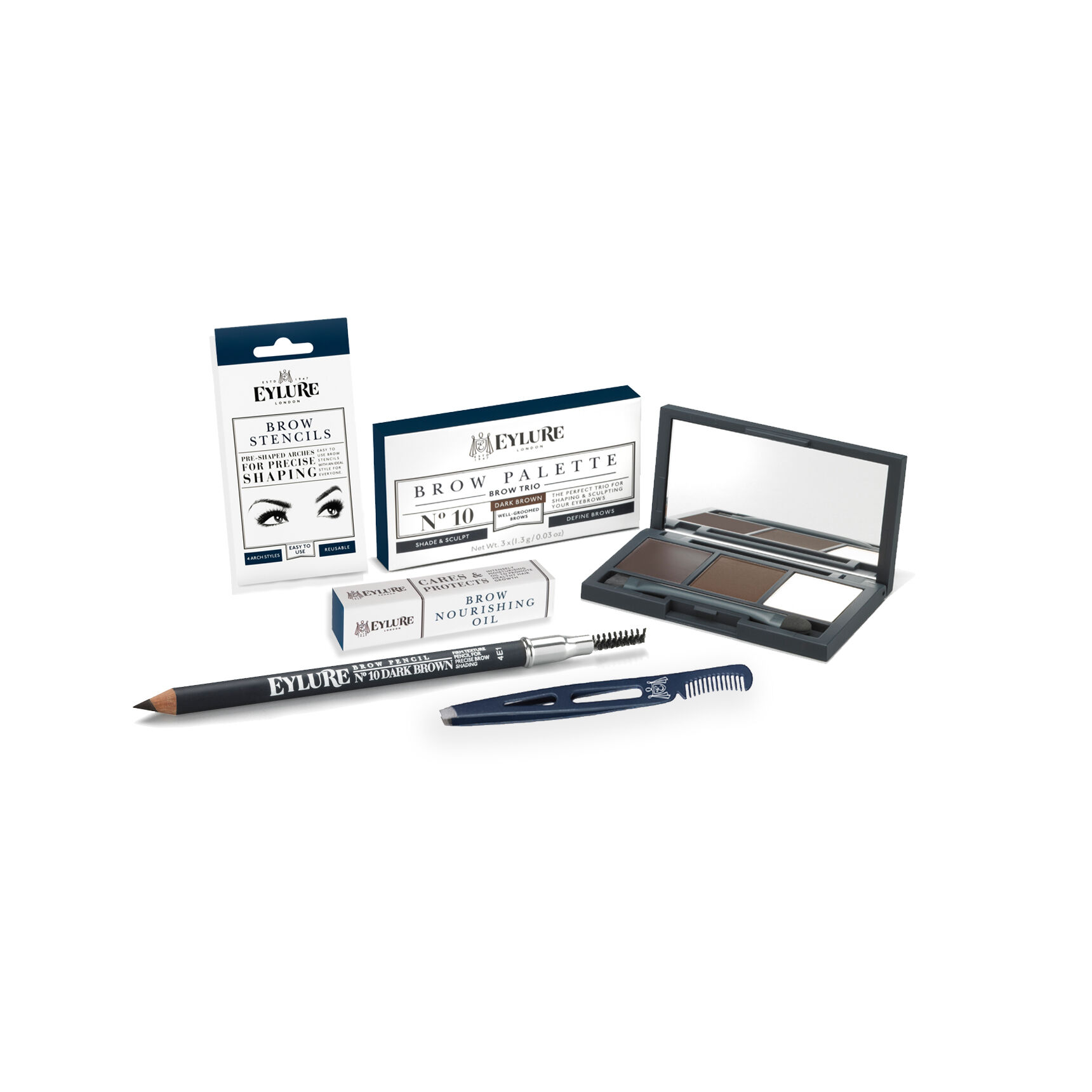 BROW KIT- Eylure Firm Brow Pencil Bark Brown, Eye Brow Palette Dark Brown, Brow Stencils, Brow Nourishing -Oil and Brow & Lash Tweezer with Comb