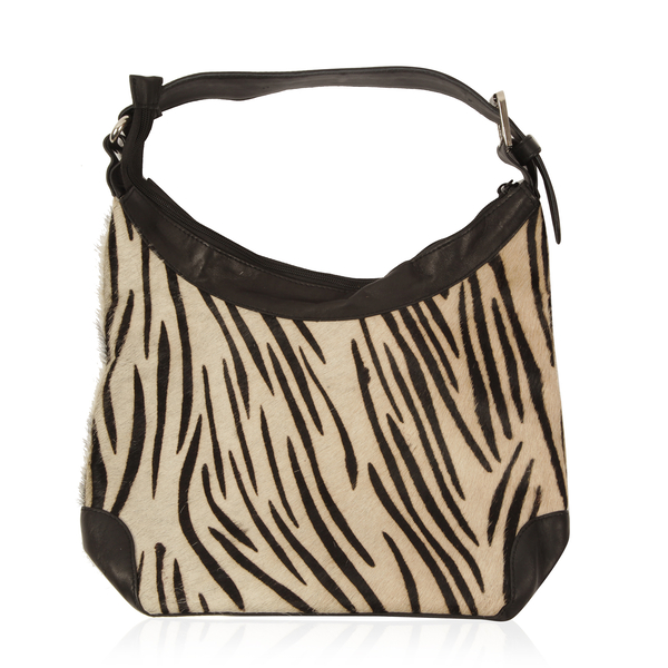 100% Genuine Leather Zebra Pattern Black and Cream Colour Handbag with External Zipper Pocket and Adjustable Shoulder Strap (Size 32x24x11 Cm)