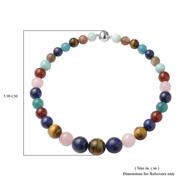 Multi Gemstones Beads Necklace with Magnetic Lock (Size 18) in Rhodium Overlay Sterling Silver 671.50 Ct, Silver Wt 5.00 Gms.