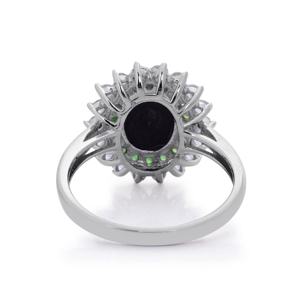 Tucson Collection Canadian Ammolite (Ovl 2.00 Ct), White Topaz and Chrome Diopside Ring in Platinum Overlay Sterling Silver 3.058 Ct.