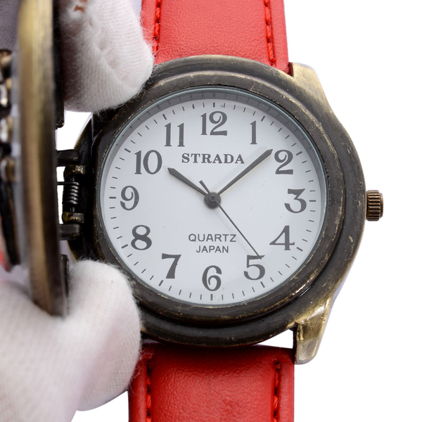STRADA  Japanese Movement White Dial Red Glass, Black and White Austrian Crystal Water Resistant Watch in Gold Tone With Enameled Spider Cover and Red Strap
