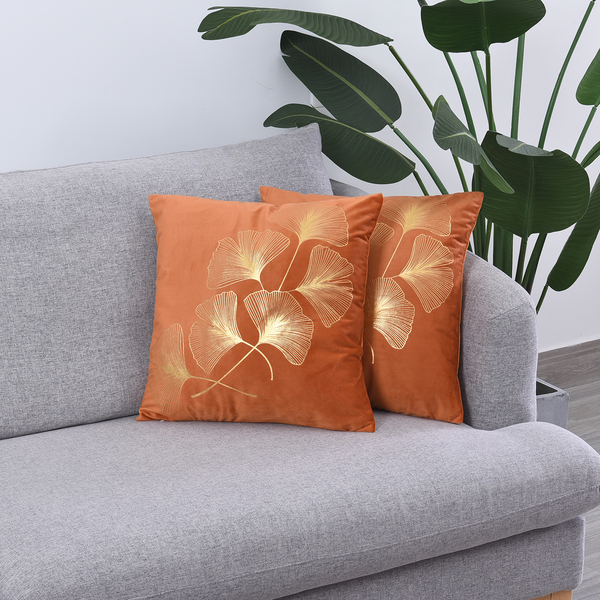 Set of 2 - Ginkgo Leaves Pattern Velvet Cushion Cover - Orange & Gold