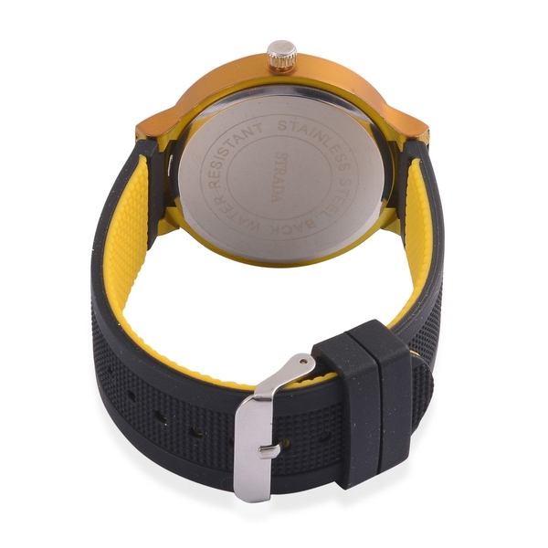 STRADA Japanese Movement Black Dial Water Resistant Watch in Silver Tone with Stainless Steel Back and Black and Yellow Silicone Strap