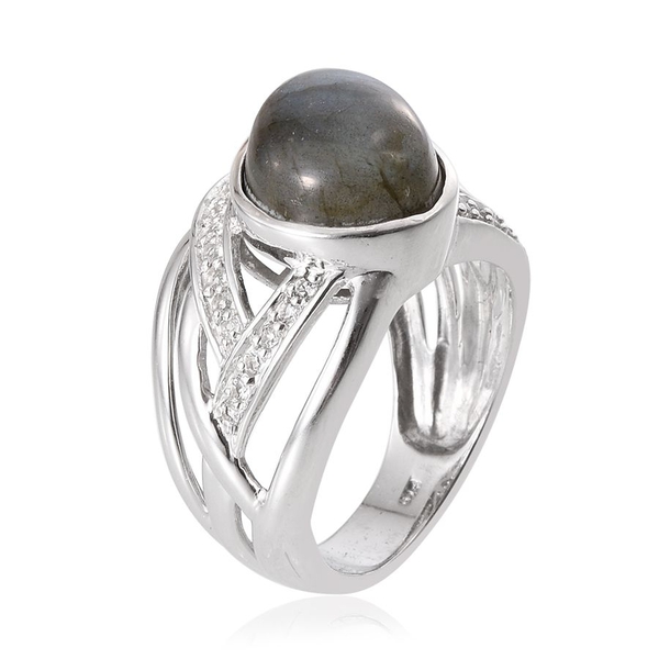 Labradorite (Pear 8.00 Ct), White Topaz Ring in Platinum Overlay Sterling Silver 8.500 Ct.