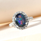 Australian Boulder Opal Triplet and Natural Cambodian Zircon Ring in Platinum Overlay Sterling Silver 3.08 Ct.