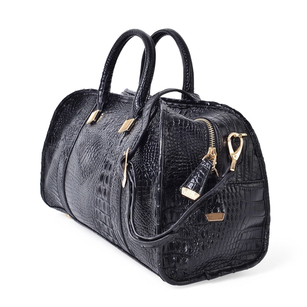 Black Colour Croc Embossed Tote Bag with External Zipper Pocket and Adjustable and Removable Shoulder Strap (Size 40.5X21.5X15 Cm)