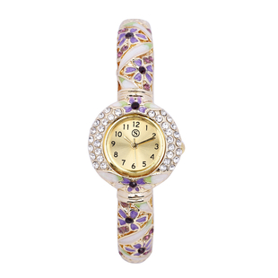 STRADA Japanese Movement Golden Sunshine Dial White and Purple Austrian Crystal Studded Water Resistant Bangle Watch in Floral Pattern Strap