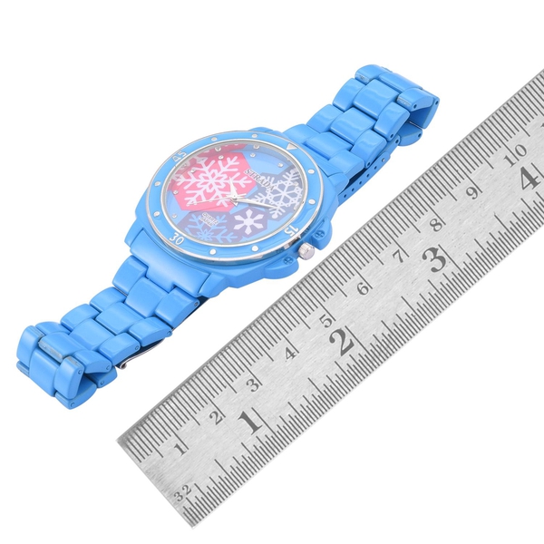 STRADA Japanese Movement White Austrian Crystal Studded Blue Snowflake Dial Water Resistant Watch in Silver Tone with Stainless Steel Back and Blue Strap