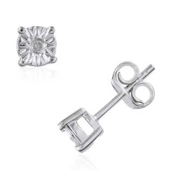 Diamond (Rnd) Stud Earrings (With Push Back) in Platinum Overlay Sterling Silver