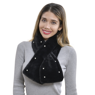 Faux Fur Scarf with Beads - Black