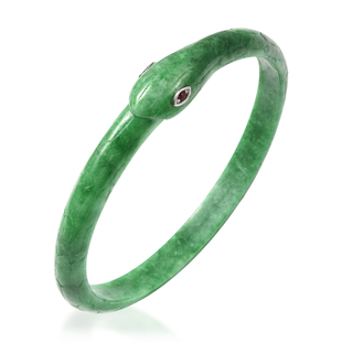 Carved Green Jade and Mozambique Garnet Snake Bangle (Size 7.5) in Rhodium Overlay Sterling Silver 1