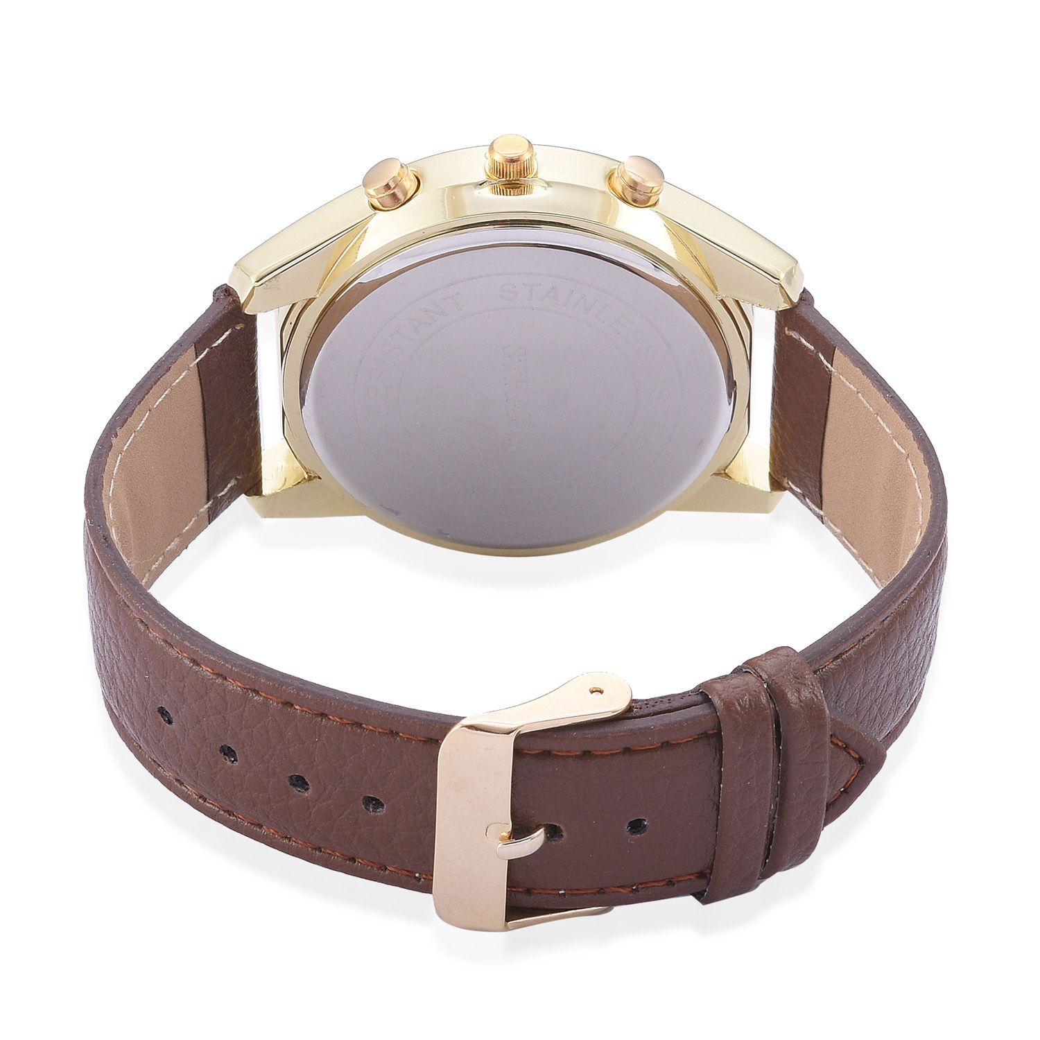 STRADA Japanese Movement Chronograph Look Chocolate Dial Water Resistant Watch in Gold Tone with Stainless Steel Back and Chocolate Strap