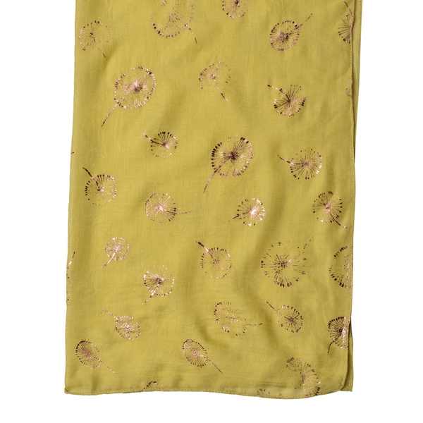 Golden Dandelion Pattern Green Colour Scarf with Fringes (Size 180X70 Cm)