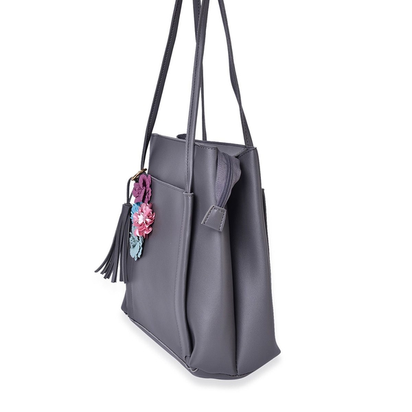 Handcrafted 3D Flowers Embellished Grey Colour Tote Bag with Tassel Charm (Size 26.5X25X11.5 Cm)