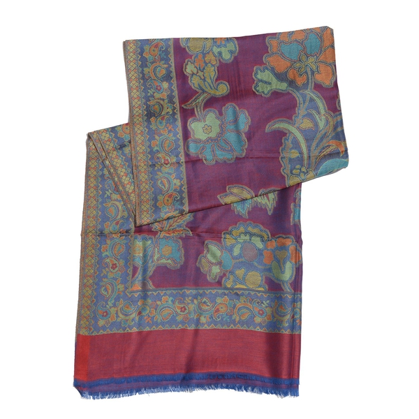 100% Superfine Modal Multi Colour Floral, Leaves and Paisley Pattern Red and Purple Colour Jacquard Scarf (Size 190x70 Cm)