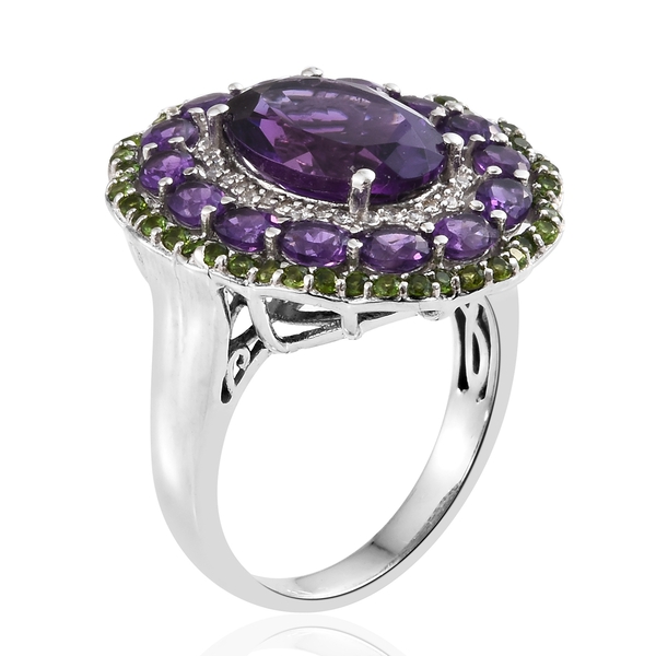 Lusaka Amethyst (Ovl 5.00 Ct), Chrome Diopside and Natural Cambodian Zircon Flower Ring in Platinum Overlay Sterling Silver 7.750 Ct. Silver wt 7.08 Gms.