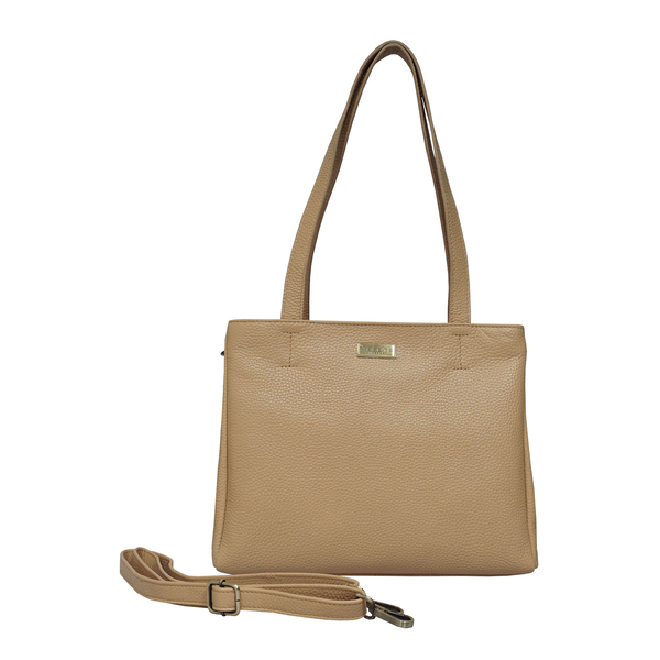 ASSOTS LONDON Debra Genuine Pebble Grain Leather Double Compartment Shoulder Handbag (Size 27x22x7Cm) - Camel