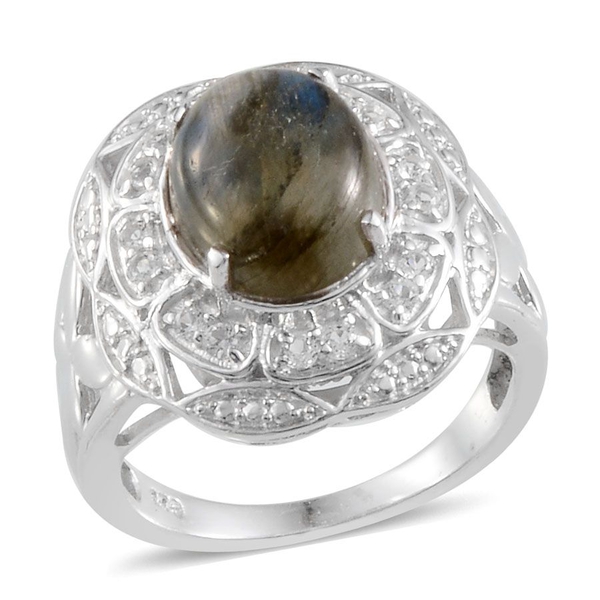 Labradorite (Ovl 4.00 Ct), White Topaz Ring in Platinum Overlay Sterling Silver 4.250 Ct.