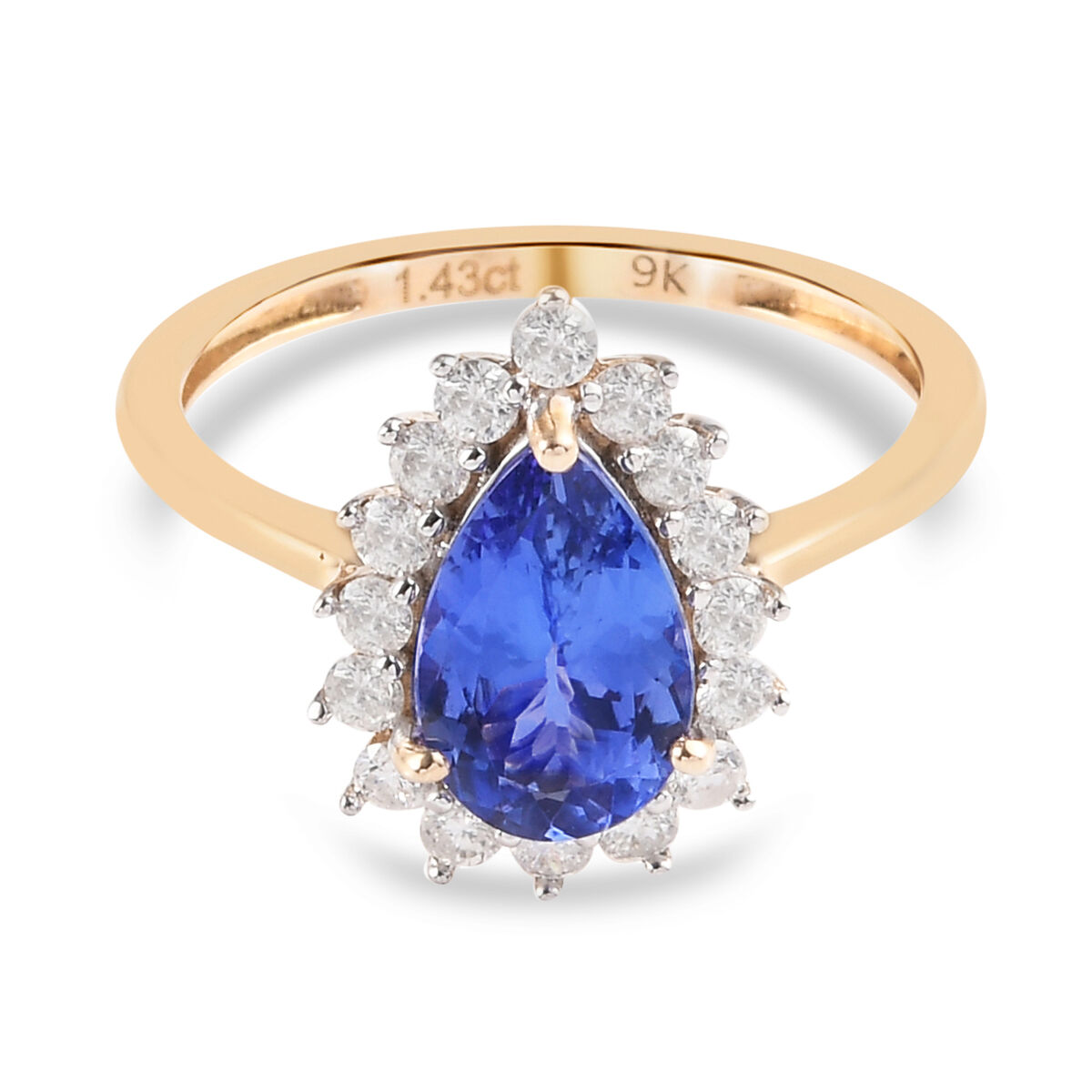 9K Yellow Gold Tanzanite and White Diamond Pear Halo Ring 1.64 Ct.