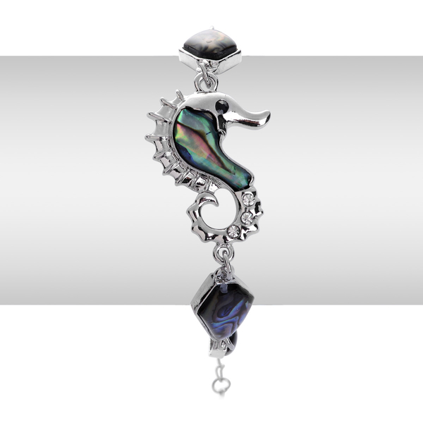Abalone Shell, White Austrian Crystal Seahorse Bracelet in Silver Tone (Size 7.5) (with 1 inch Extender)