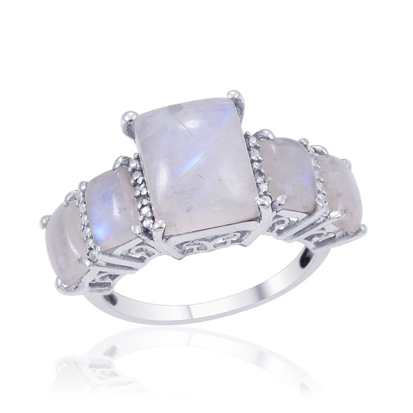 Rainbow Moonstone (Bgt 3.00 Ct), Diamond Ring in Platinum Overlay Sterling Silver 5.010 Ct.