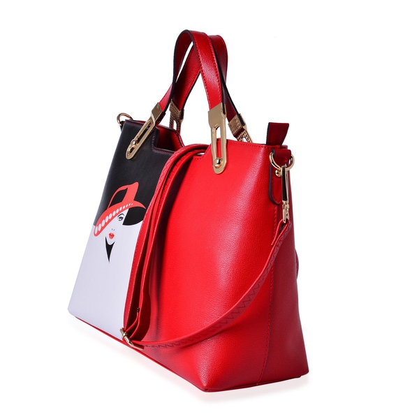MILANO COLLECTION Navigli Glamour Red Hat Girl Tote Bag with External Zipper Pocket and Adjustable, Removable Shoulder Strap (Size 32x23x13 Cm)