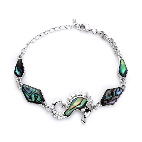 Abalone Shell, White Austrian Crystal Seahorse Bracelet in Silver Tone (Size 7.5) (with 1 inch Exten