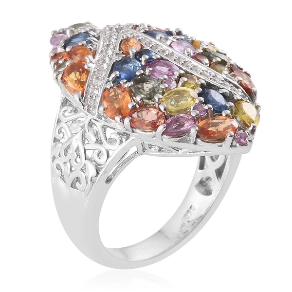 Orange Sapphire (Ovl), Green Sapphire, Yellow Sapphire, Kanchanaburi Blue Sapphire, Pink Sapphire and Multi Gemstone Ring in Platinum Overlay Sterling Silver 6.250 Ct.