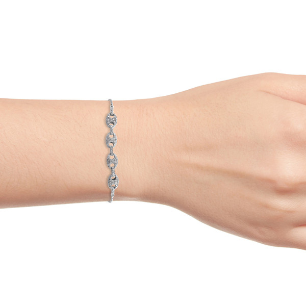 Diamond (Rnd) Mariner Link Bracelet (Size 6.5 to 10 Adjustable) in Platinum Overlay Sterling Silver 1.000 Ct.