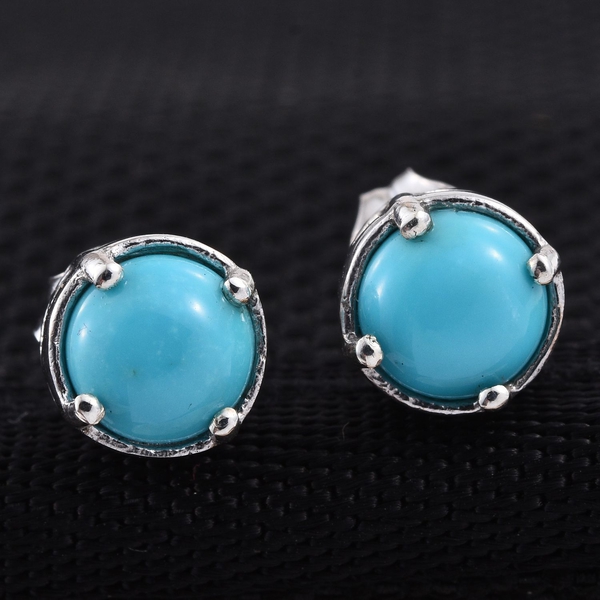Arizona Sleeping Beauty Turquoise (Rnd) Stud Earrings (with Push Back) in Platinum Overlay Sterling Silver 1.250 Ct.