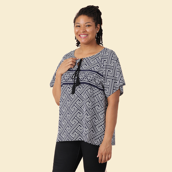 JOVIE Viscose Fret Pattern Short Sleeved Woven Print Top with Tassel (Size S / 8-10) - White & Navy