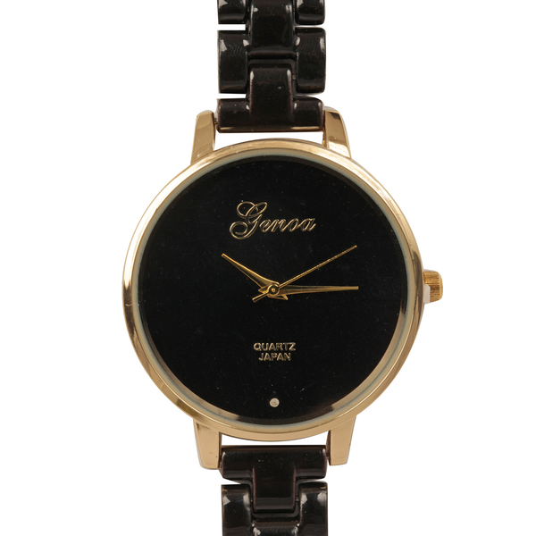 Diamond studded GENOA Black Ceramic Japanese Movement Black Dial Water Resistant Watch in Gold Tone 
