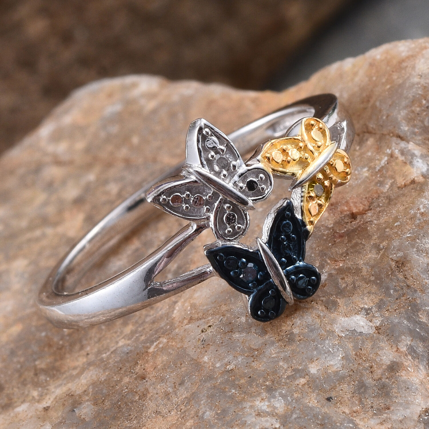 Blue Diamond (Rnd), White and Yellow Diamond Butterfly Ring in Platinum and Yellow Gold Overlay Sterling Silver