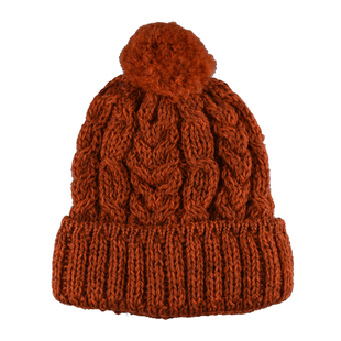 ARAN Woollen 100% Pure Wool Cable Hat with Pom Pom - Orange