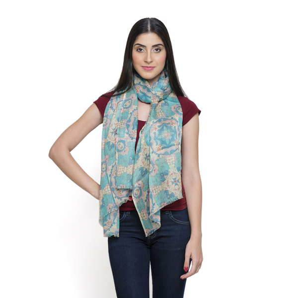NEW FOR SEASON - 60% Merino Wool and 40% Modal Blue and Multi Colour Printed Scarf (Size 180x70 Cm)