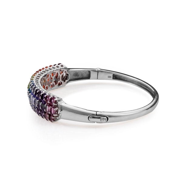 Hebei Peridot (Ovl), Electric Swiss Blue Topaz, Tanzanite, Amethyst, Madeira Citrine, Garnet and Jalisco Fire Opal Rainbow Bangle in Platinum Overlay Sterling Silver (Size 7.5) 10.500 Ct.
