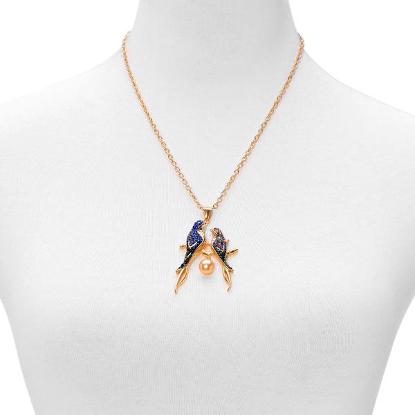 Golden Shell Pearl and Multi Colour Austrian Crystal Birds Pendant With Chain in ION Plated Yellow Gold with Stainless Steel