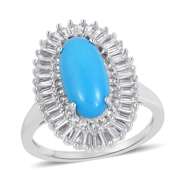 4.15 Ct Sleeping Beauty Turquoise and White Topaz Double Halo Ring in Rhodium Plated Silver
