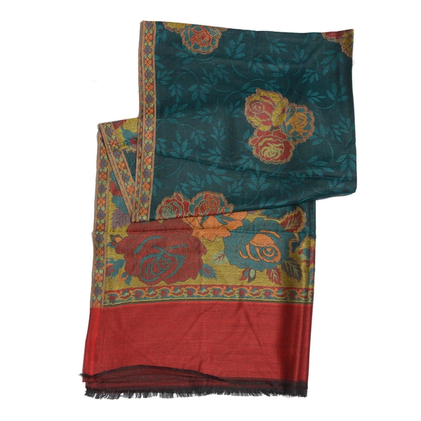 100% Superfine Modal Green, Red and Multi Colour Floral Pattern Jacquard Scarf (Size 190x70 Cm)