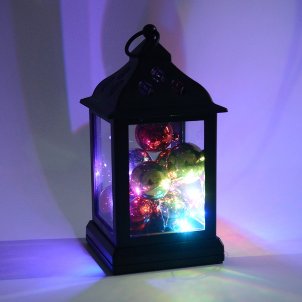 Home Decor - Lantern Filled with 9 Christmas Balls and LED (Size 11x25 Cm) - Black (3xAA Battery not
