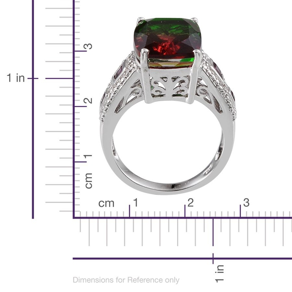 Tourmaline Colour Quartz (Cush 12.75 Ct), Rhodolite Garnet and Diamond Ring in Platinum Overlay Sterling Silver 13.520 Ct.