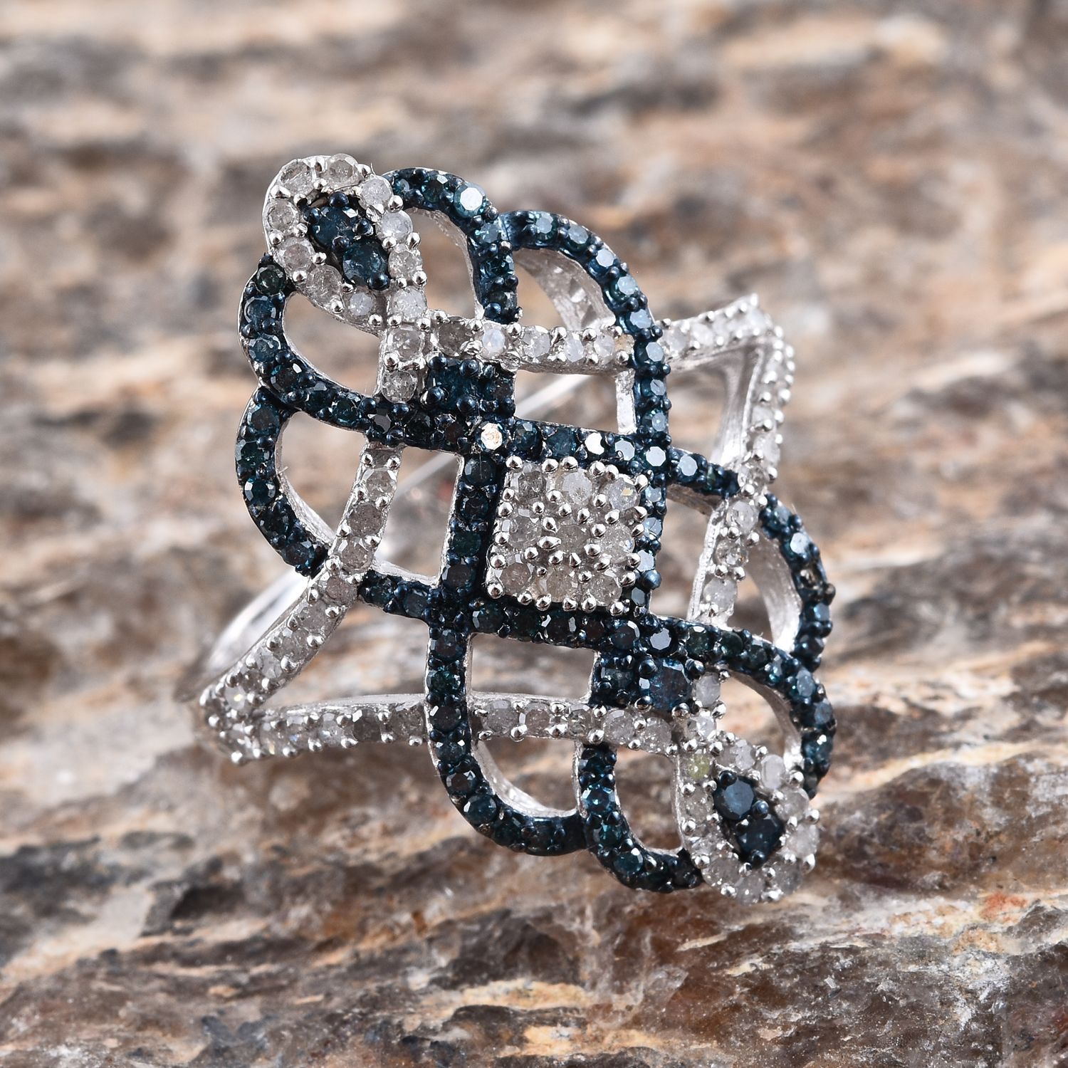 Blue Diamond (Rnd), White Diamond Ring in Platinum Overlay Sterling Silver 1.000 Ct.