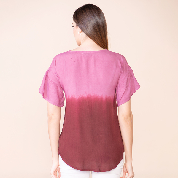 OTO - TAMSY 100% Viscose Ombre Pattern Short Sleeve Top (Size XXL, 24-26) - Wine