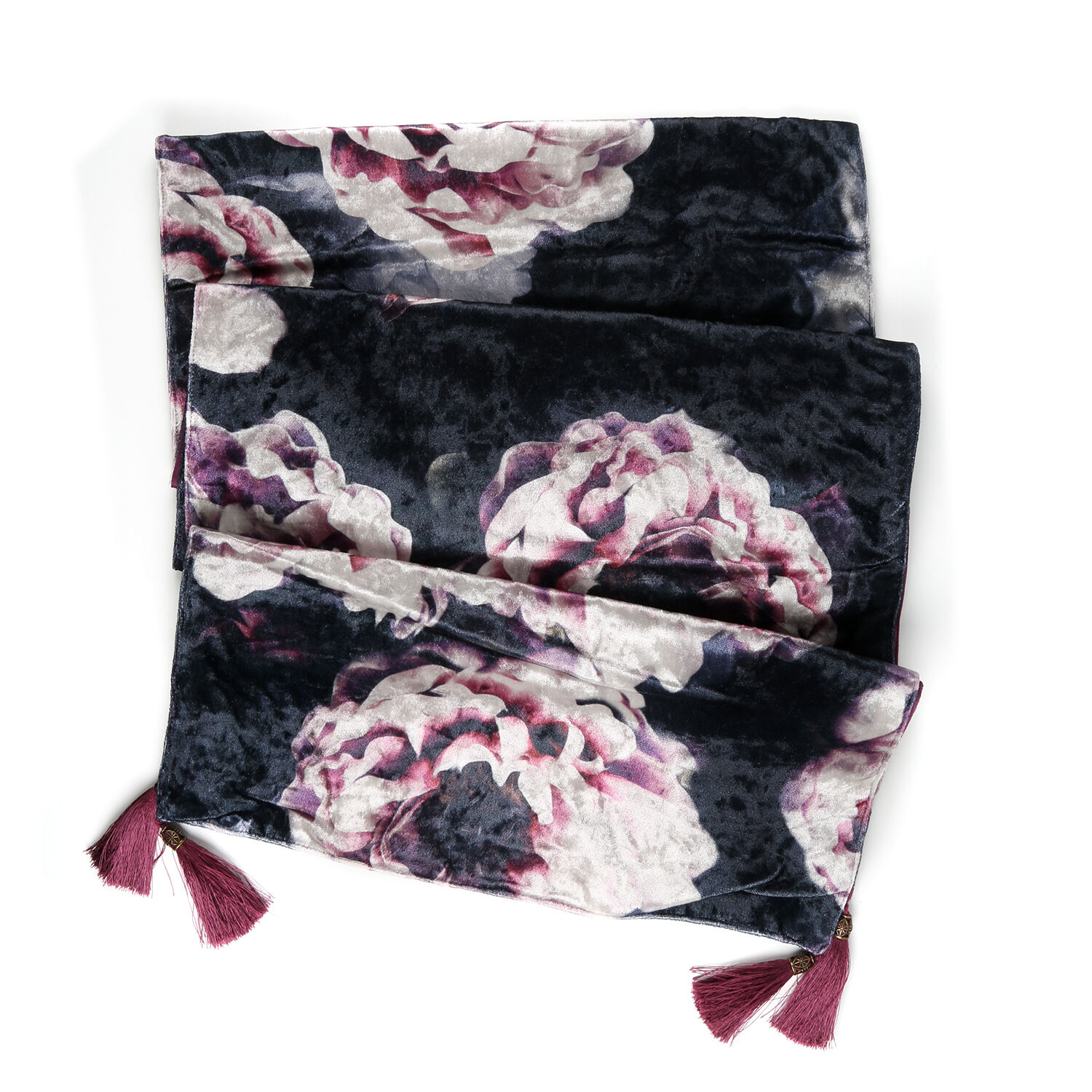 Sateen Lined Crushed Velvet Table Runner with Gardenia Print and Tassels (Size 40x160 cm)