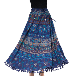 100% Cotton Mandala Print Boho Long Skirt with Tassels (Size 101x94cm) - Navy, Teal and Multi