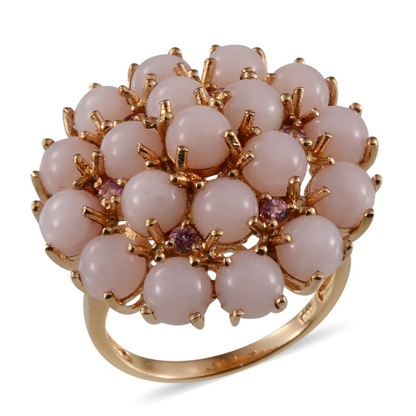 Peruvian Pink Opal (Rnd), Pink Tourmaline Floral Ring in Yellow Gold Overlay Sterling Silver 8.750 C