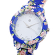 6 Piece Set - STRADA Japanese Movement White Dial Water Resistant Watch with Floral Pattern Strap and Five Blue Beads Stretchable Bracelet (Size 6.5-7)